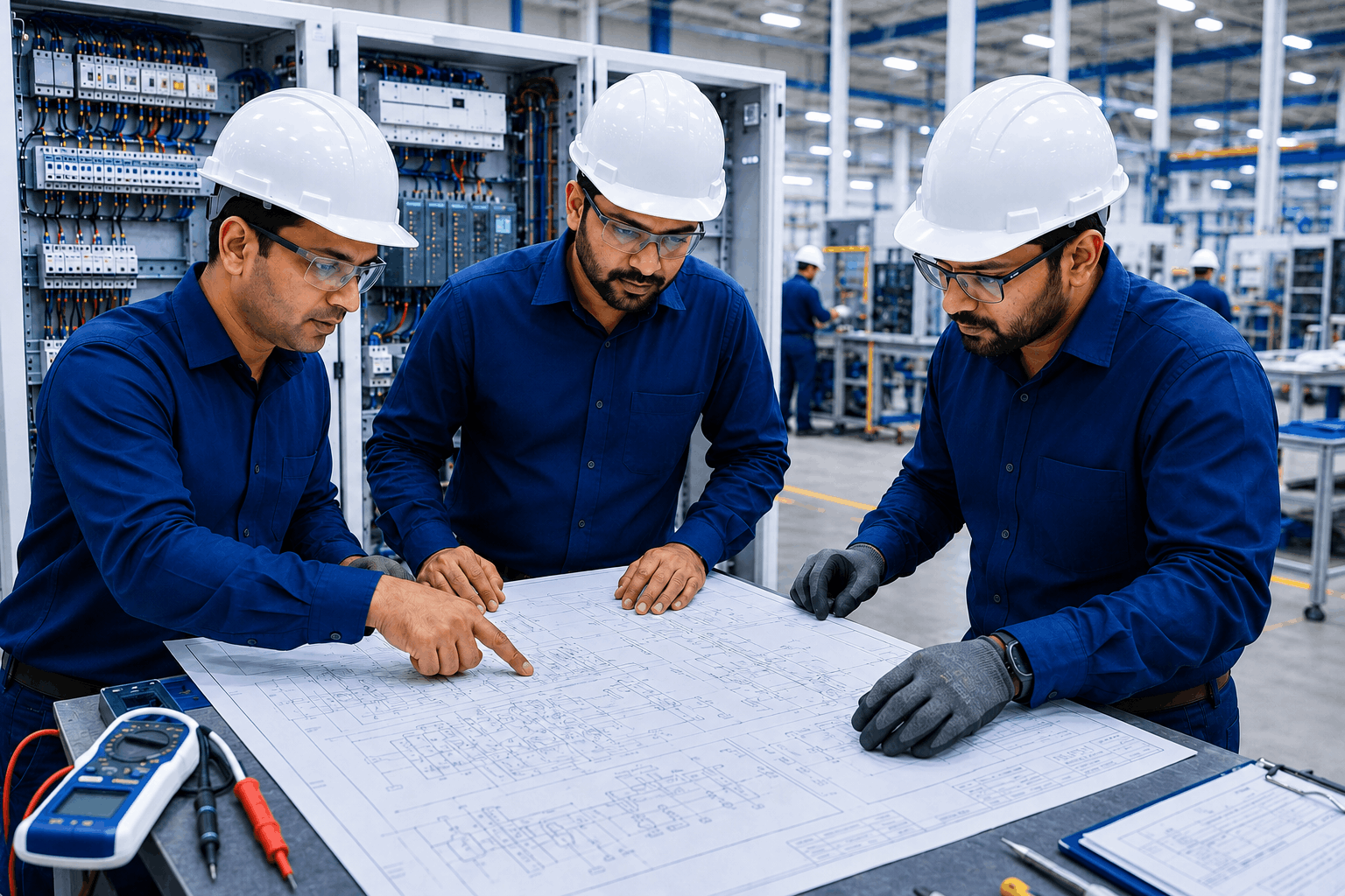 FILIPDM engineers reviewing electrical drawings on the shop floor