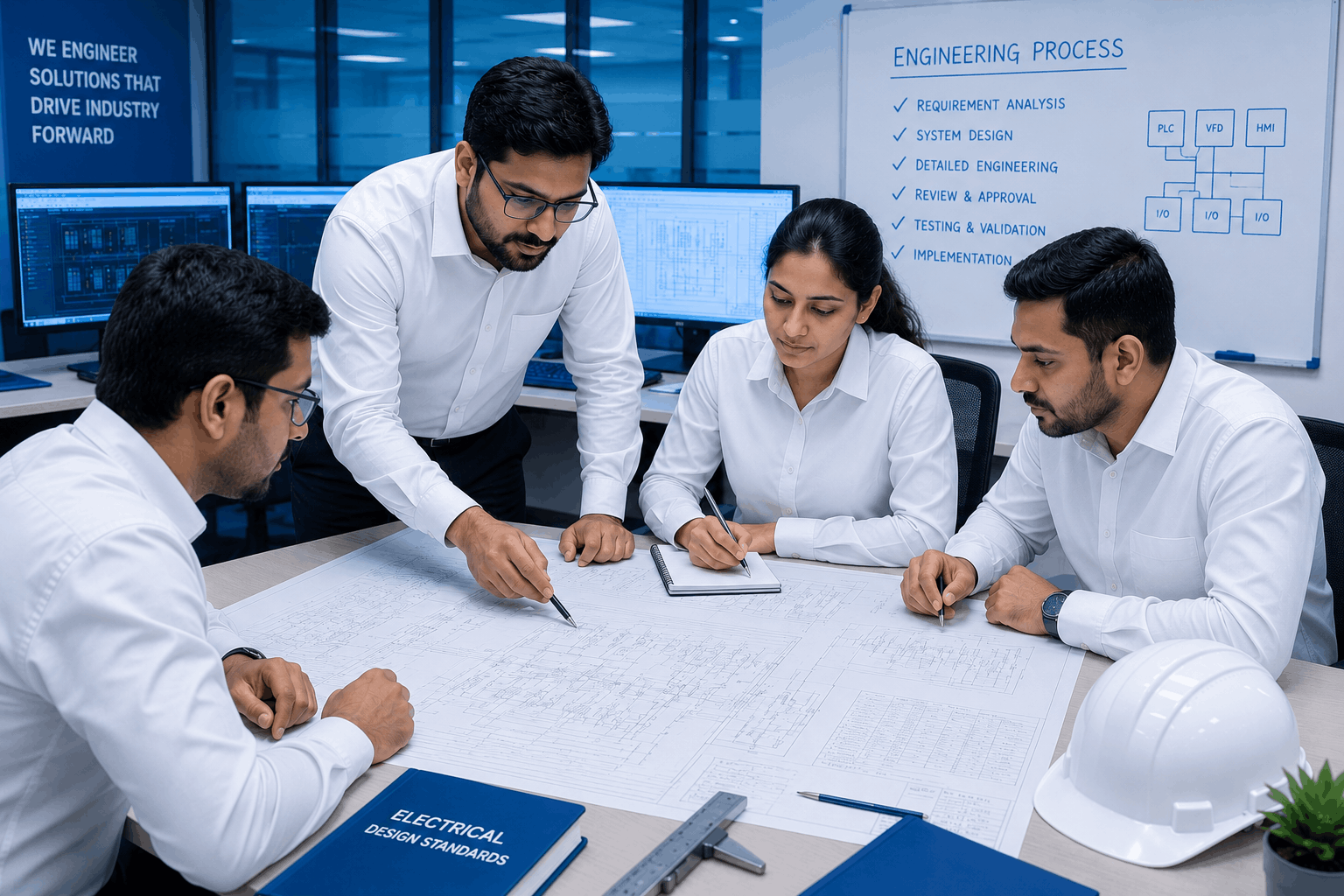 FILIPDM engineering team reviewing electrical drawings